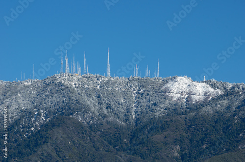 Snow dusting over the San Gabriel Mountains in Southern California. Image showing the area near Mount Wilson. 