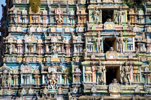 Hindu temple in Tamil Nadu, South India. Sculptures on Hindu temple gopura (tower), sculpture of an Indian deity