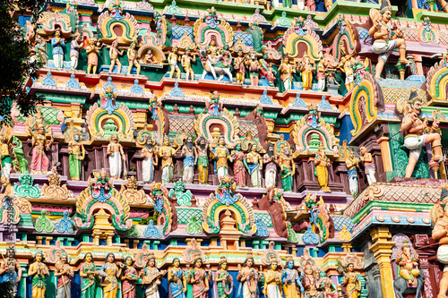 Hindu temple in Tamil Nadu  South India.  Sculptures on Hindu temple gopura  tower   sculpture of an Indian deity