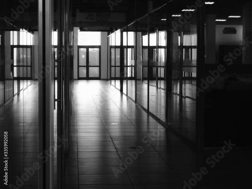 Empty shopping mall. Empty corridors. Black and white. Ust-Kamenogorsk  KAZAKHSTAN 
