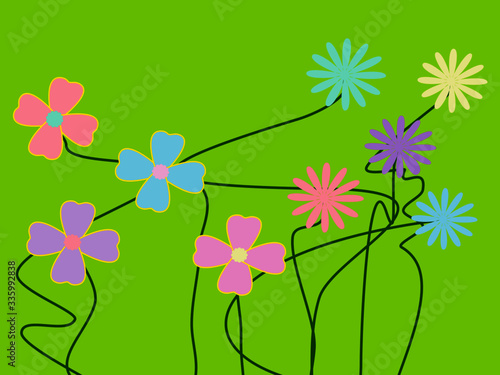 Fototapeta Naklejka Na Ścianę i Meble -  Abstract Vector illustration drawn flowers line art, doodle branch fresh colorful plant green background color, flat design cool copy space for decoration