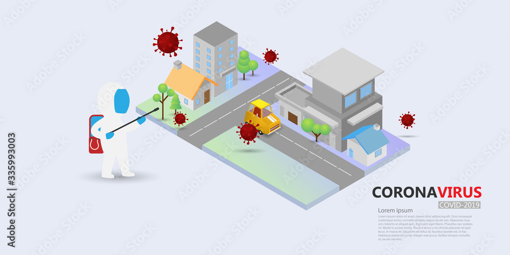 Cartoon Disinfection and decontamination on isometric city prevention against Coronavirus or Corona virus concept. covid-19 background