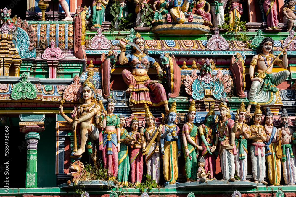Hindu temple in Tamil Nadu, South India. Sculptures on Hindu temple gopura (tower)
Hindu temple in Tamil Nadu, South India. Sculptures on Hindu temple gopura (tower)