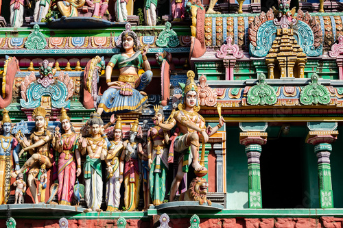 Hindu temple in Tamil Nadu, South India.  Sculptures on Hindu temple gopura (tower)  © MaxМ