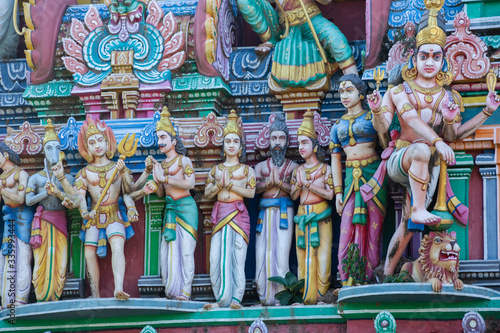 Hindu temple in Tamil Nadu, South India. Sculptures on Hindu temple gopura (tower) 