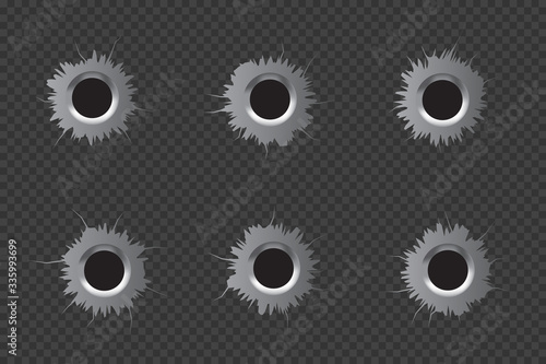 Realistic Bullet holes Set. Isolated on  transparent background. Vector illustration.