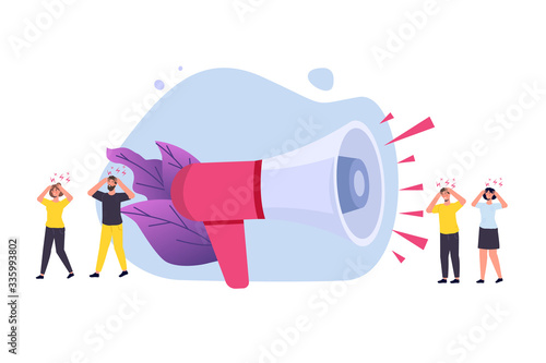 Stop noise, noisy neighbors, loud urban environment concept with tiny characters. Vector illustration