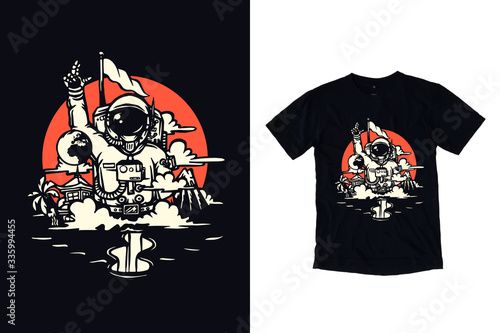 Astronaut with mountain and waterfall in space galaxy illustration for black t shirt design