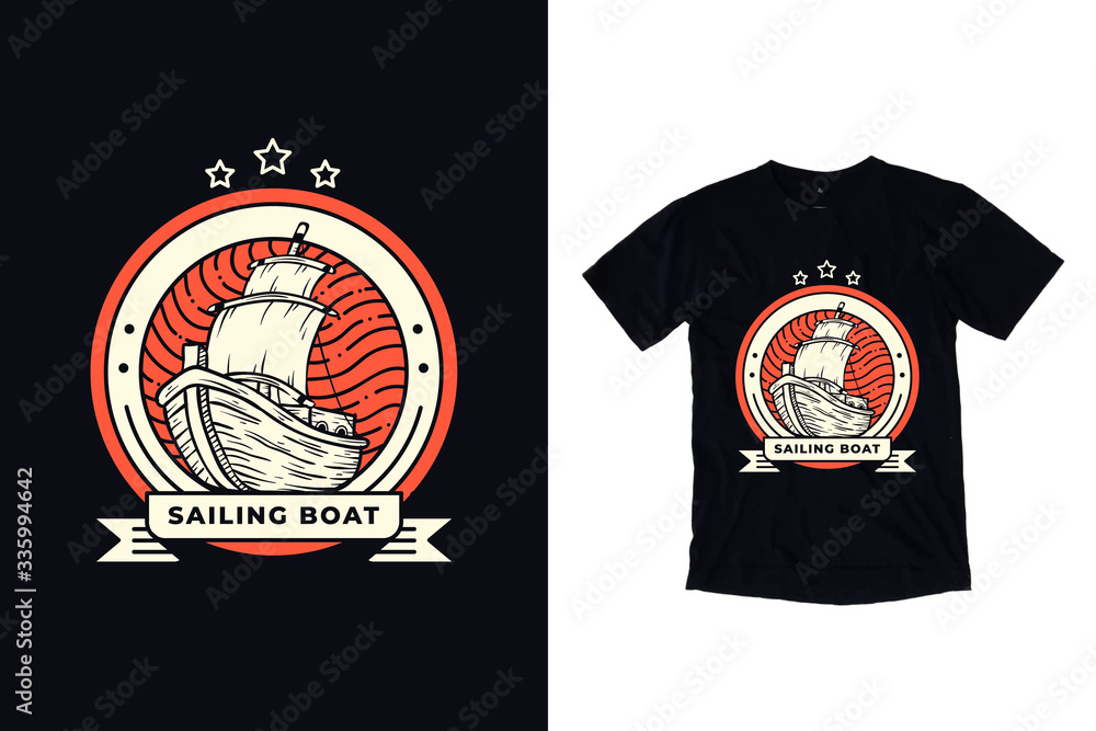 Fototapeta premium Sailing boat badge illustration for black t shirt design