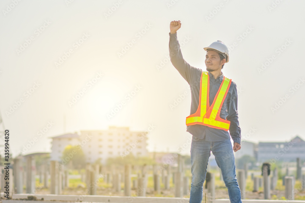 Happy man supervisor success project at construction site Happy man supervisor success project at construction site