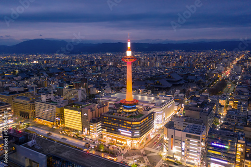 drone view of Kyoto tower near Kyoto railway station in the night