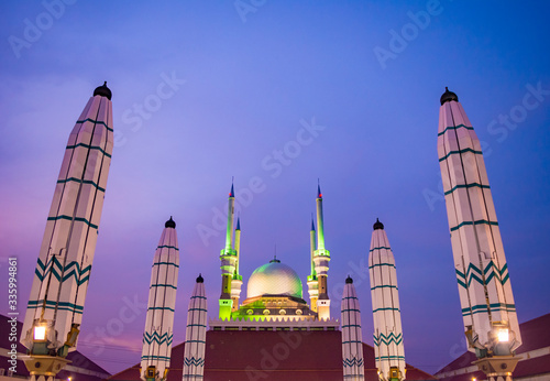 Semarang, Indonesia - CIRCA Apr 2020: The exterior of Great Mosque of Central Java (Masjid Agung Jawa Tengah) at sunset. It will be the centre of Eid Al Fitr (Idul Fitri) celebration in Central Java.