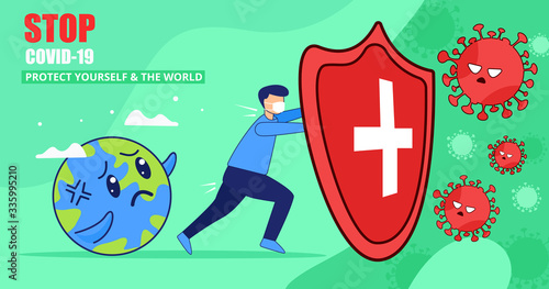 Person fighting with virus to protect the world. Stop covid-19 protect yourself and the world. 