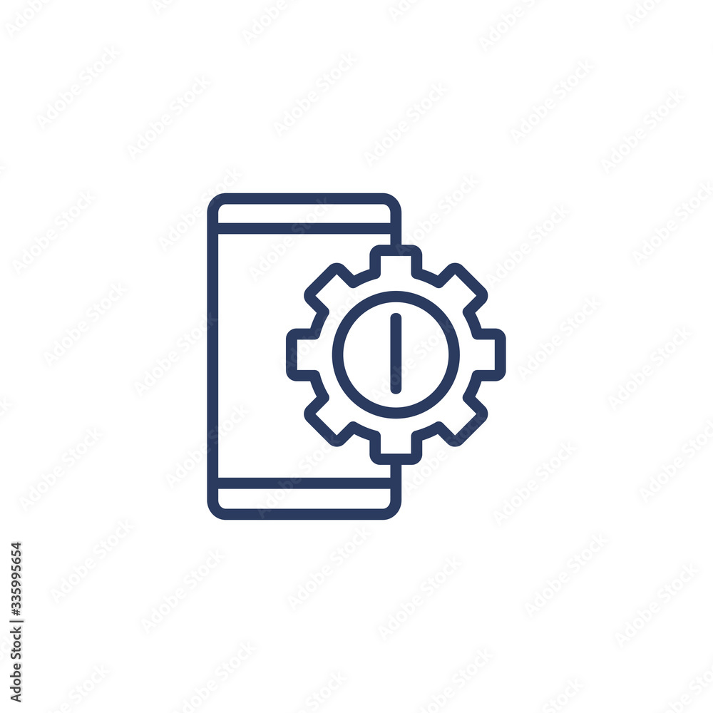 Smartphone and gear icon isolated on white background. Settings and repair concept. Interface element for logo, web mobile app and UI design. Smartphone and gear icon isolated on white background. Settings and repair concept. Interface element for logo, web mobile app and UI design.