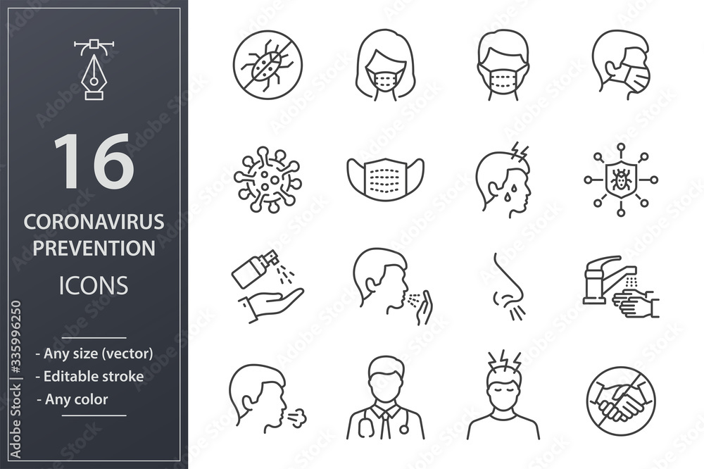 Fototapeta premium Coronavirus line icons set. Black vector illustration. Editable stroke.