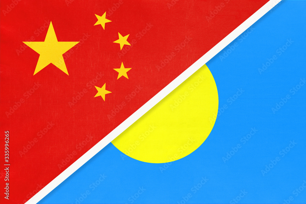 China or PRC vs Palau national flag from textile. Relationship between Asian and Oceania countries. China or PRC vs Palau national flag from textile. Relationship between Asian and Oceania countries.