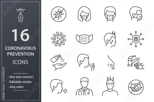 Coronavirus line icons set. Black vector illustration. Editable stroke.