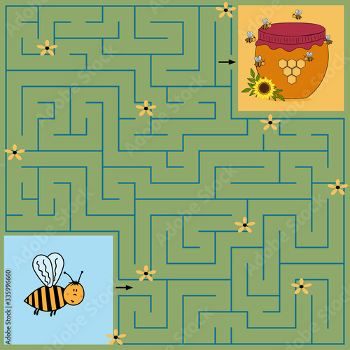 Colorful maze game for children where the bee must find the way to a jar of honey, green background with flowers, vector illustration