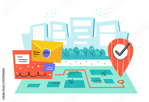 Safe delivery. Mail, postcards, delivery. Fast service. Geolocation. Coronavirus pandemic self isolation, health care, protection. Flat colourful vector illustration, art isolated on white background.