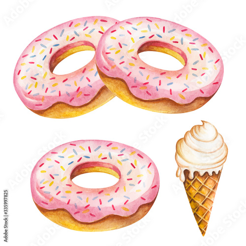 Donut watercolor. Breakfast sweet food on watercolor illustration. Painting pink donut vector isolated on white background. Aquarelle sweet food for restaurant menu.