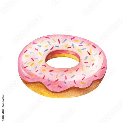 Donut watercolor. Breakfast sweet food on watercolor illustration. Painting pink donut vector isolated on white background. Aquarelle sweet food for restaurant menu.