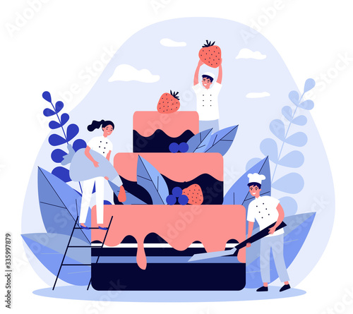 Pastry chefs cooking big birthday cake. Bakers decorating dessert with pink glaze and berries. Vector illustration for menu, bakery, confectionery concept