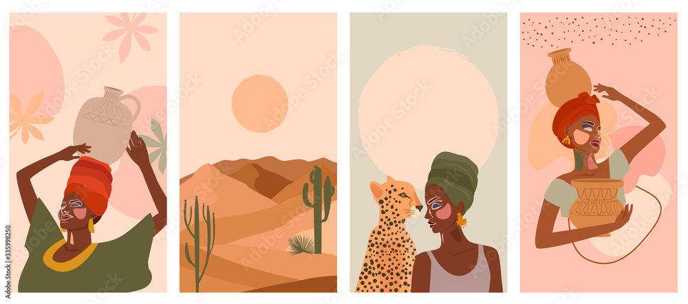 Set of abstract vertical background with African woman in turban,  ceramic vase and jugs, plants, abstract shapes and landscape. Background for social media minimalistic style. Vector illustration