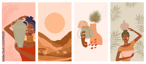 Set of abstract vertical background with African woman in turban,  ceramic vase and jugs, plants, abstract shapes and landscape. Background for social media minimalistic style. Vector illustration