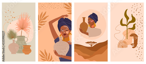 Set of abstract vertical background with African woman in turban,  ceramic vase and jugs, plants, abstract shapes and landscape. Background for social media minimalistic style. Vector illustration