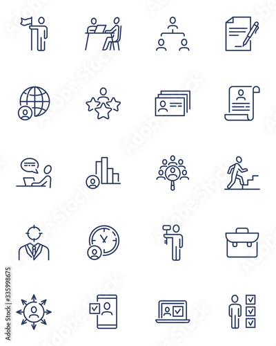 Head hunting and human resource line icons set. Candidate and employer job interview, career growth, resume, portfolio. Thin icons can be used for professional, leadership, employment concept
