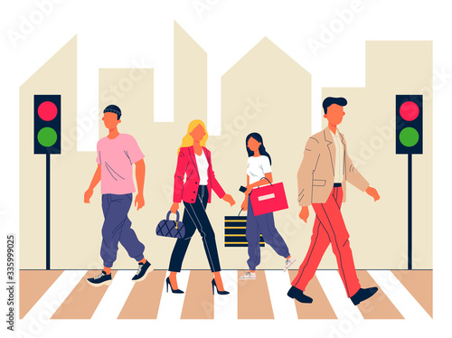 Pedestrians crossing city street. Zebra, crosswalk, traffic light flat vector illustration. Urban life, safety, rules concept for banner, website design or landing web page