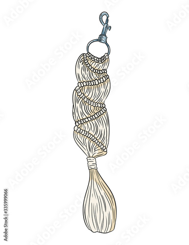 Macrame boho style keychain. Textile knotting design charm. Linear modern indigenous macrame element
