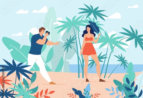 Man Photographer Taking Picture with Beautiful Young Woman on Tropical Background. Attractive Girl Posing for Photo. Professional Cameraman and Model. Exotic Photosession. Vector Illustration