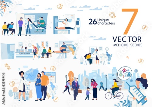 Disease Diagnostics, Modern Clinic Medical Services, Virus and Epidemic Threats, Childbirth Wait Trendy Flat Vector Scenes, Concepts Set. Hospital Doctors and Patients on Appointment Illustrations