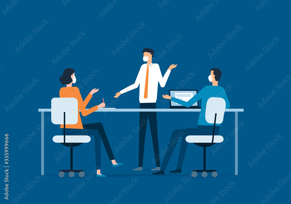 flat illustration group business team meeting  and wearing face mask for virus protection  