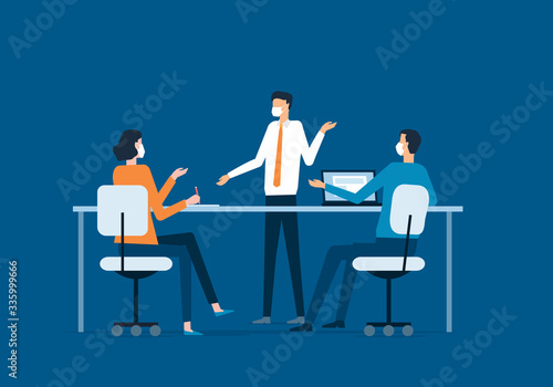 flat illustration group business team meeting and wearing face mask for virus protection 