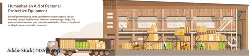 Humanitarian Aid of Personal Protective Equipment. Workers Folding Boxes on Storage Racks, Loading Packed Goods in Cargo Truck from Big Warehouse Hangar. Commercial Freight and Parcels Delivering