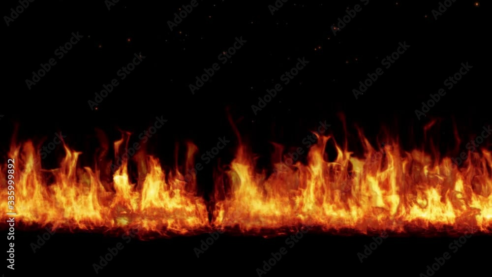 Line of real flames burning on black background. Real fire. Transparent background.