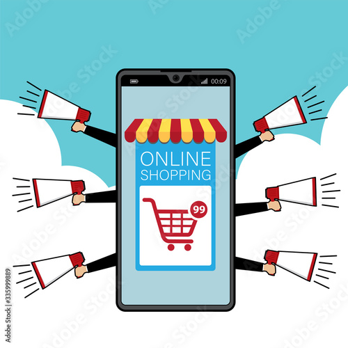 Mobile application for shopping, Online supermaket, Smartphone with shopping app.