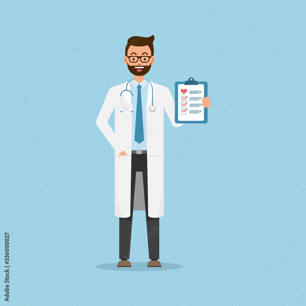 Doctor holding Clipboard with Checklist and Heart Medical Health care concept .Vector flat illustration Doctor holding Clipboard with Checklist and Heart Medical Health care concept .Vector flat illustration