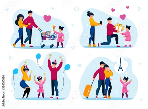 Family Celebrations and Recreation Trendy Flat Vector Concepts Set. Parents with Children Shopping in Supermarket, Having Fun on Party, Celebrating Birthday, Going on Vacation Journey Illustration
