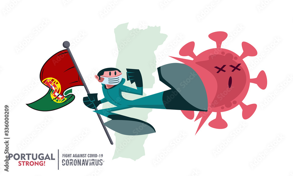 Person with biohazard suit holding flag on map background fighting coronavirus pandemic outbreak 2019 COVID-19. Vector illustration against covid19 virus. Scalable and editable vectors.
