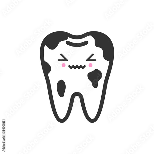 Dirty spoted tooth with emotional face, cute vector icon illustration. Line style isolated image