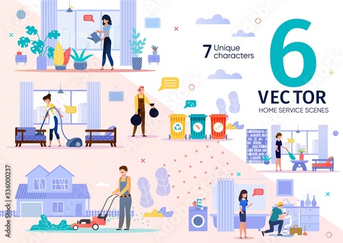 House Cleaning, Plumbing Service Employees Routine Trendy Flat Vector Scenes Set. Female, Male Workers Characters Throwing Out Waste, Moving Lawn, Repairing Pipe Leakage, Dusting at Home Illustrations