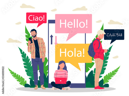 Online multi language translator flat vector illustration. Smartphone with translation app. People learning foreign language via mobile service concept.