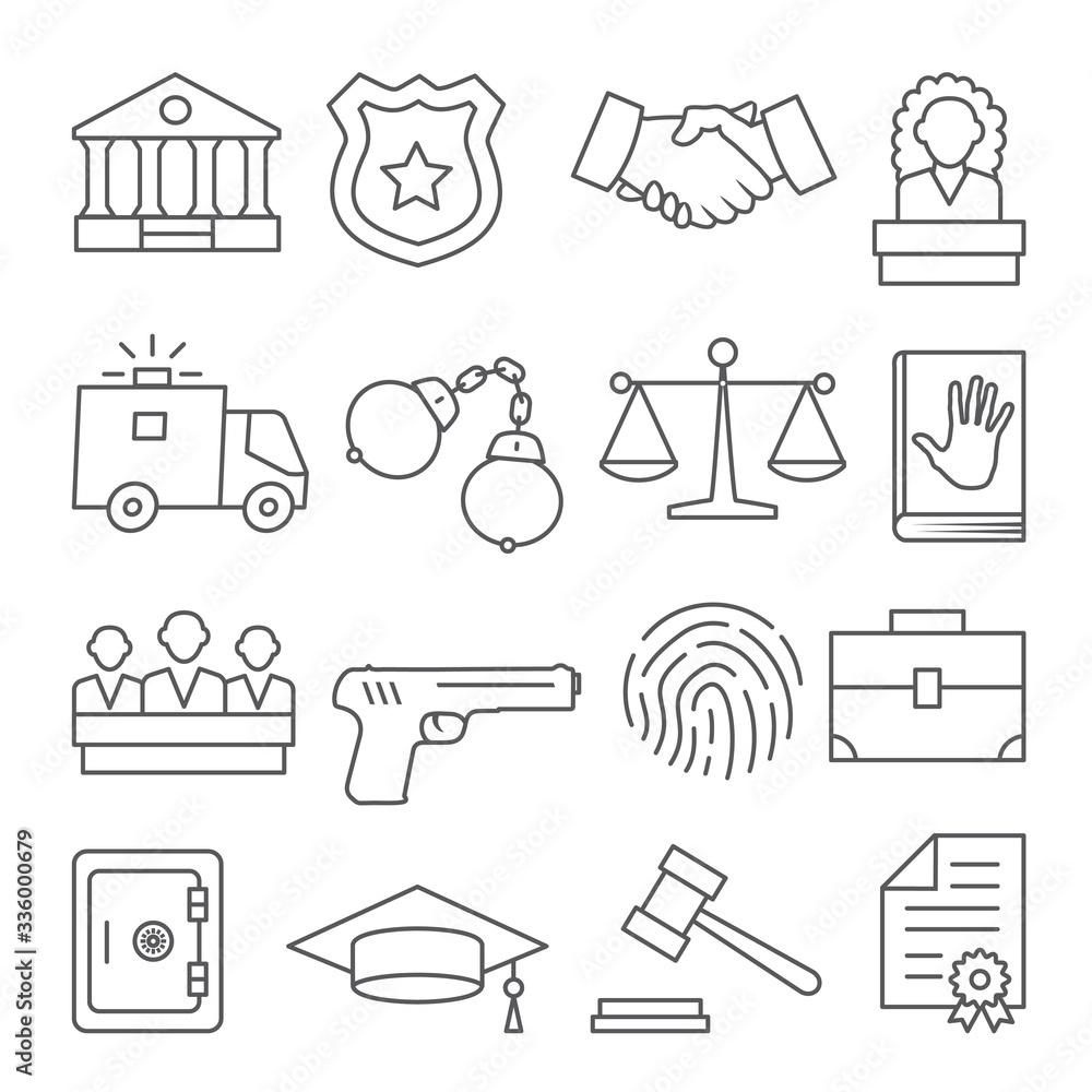 Law line icons set on white background Law line icons set on white background
