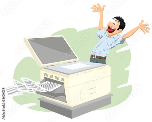 Workplace scene. Work in office. Guy is near printer.