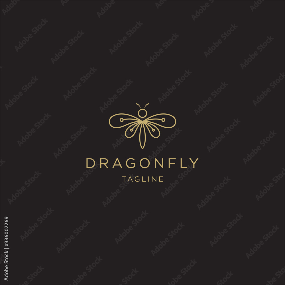 Golden dragonfly linear logo template - vector