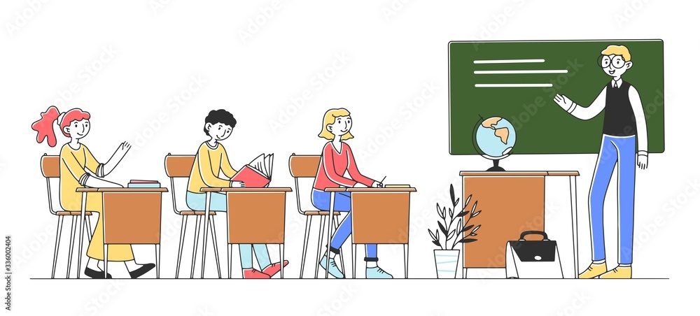Happy student at college classroom studying lesson flat vector illustration. Young people in class listening lecture and teacher explaining theme. Education and teamwork concept