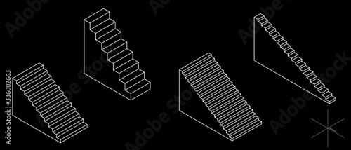 Stairway set. 3d Vector outline illustration. Isometric projection. Isolated on black background.